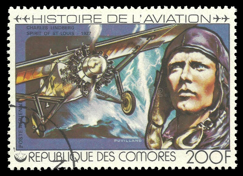 Comoros - stamp printed 1978, Multicolor memorable Edition of offset printing with Topic Aviation, Series Aviation History, Charles Lindberg, 1927. Comoros - stamp printed 1978, Multicolor memorable Edition of offset printing with Topic Aviation, Series Aviation History, Charles Lindberg, 1927