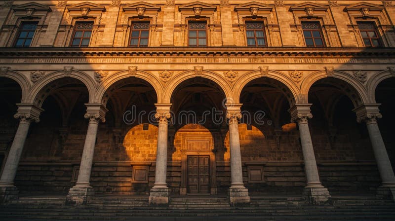 Historic Building Facade Bathed in Golden Hour Sunlight stock illustration