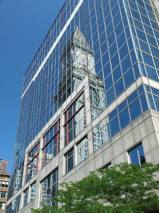 Historic Church Reflection in Modern Building