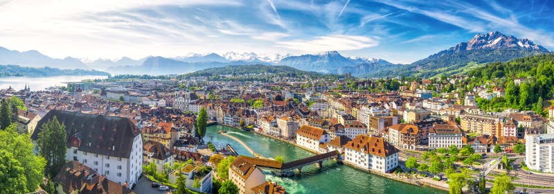 Historic city center of Lucerne with famous Chapel Bridge and lake Lucerne Vierwaldstattersee, Canton of Luzern, Switzerland