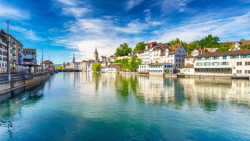 Historic city center of Zurich with famous Fraumunster Church and swans on river Limmat on a sunny day, Switzerland stock photos Historic city center of Zurich with famous Fraumunster Church and swans on river Limmat on a sunny day, Switzerland stock photos