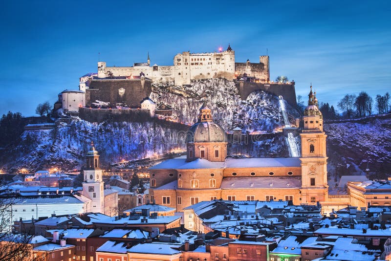 Historic city of Salzburg with Festung Hohensalzburg in winter