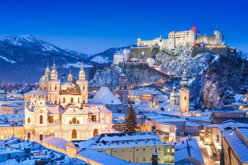 Historic city of Salzburg with Festung Hohensalzburg in winter