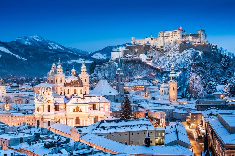 Historic city of Salzburg with Festung Hohensalzburg in winter