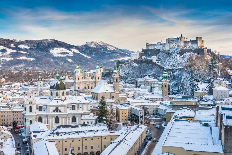 Historic city of Salzburg with Festung Hohensalzburg in winter