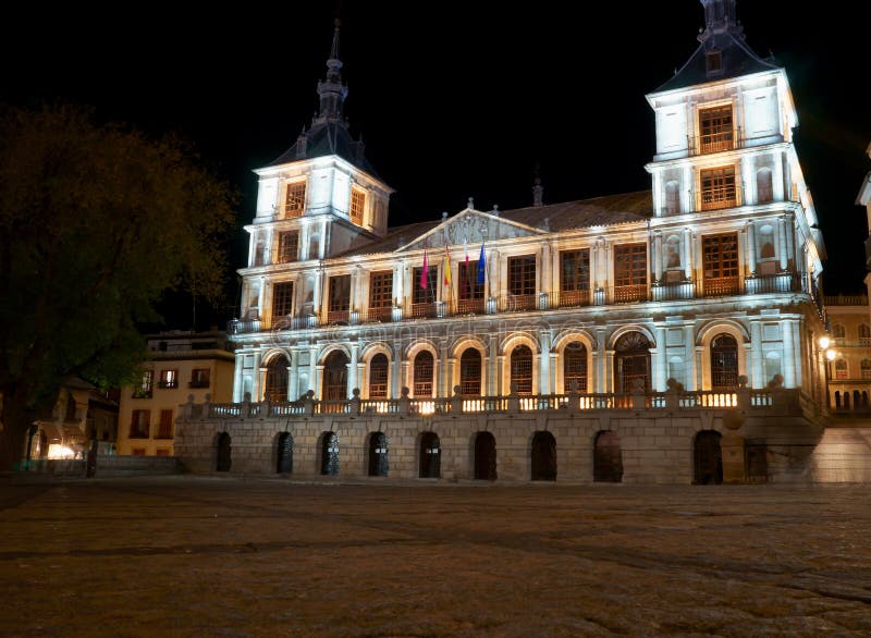Historic Diputacion Provincial de Toledo building illuminated at night royalty free stock photo
