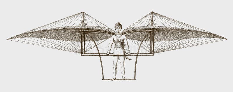 Historic man-powered flying machine with two movable wings