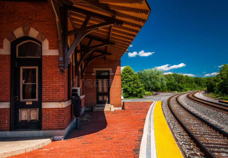The historic railroad station along train tracks in Point of Rocks, MD