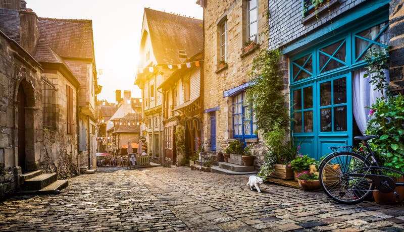 Historic town in Bretagne, France at sunset