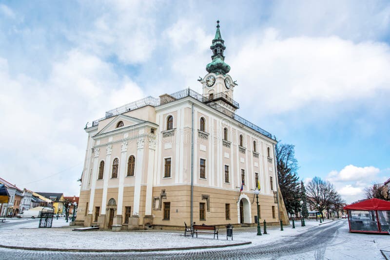 Beautiful town hall in main square, Kezmarok, Slovakia, winter s