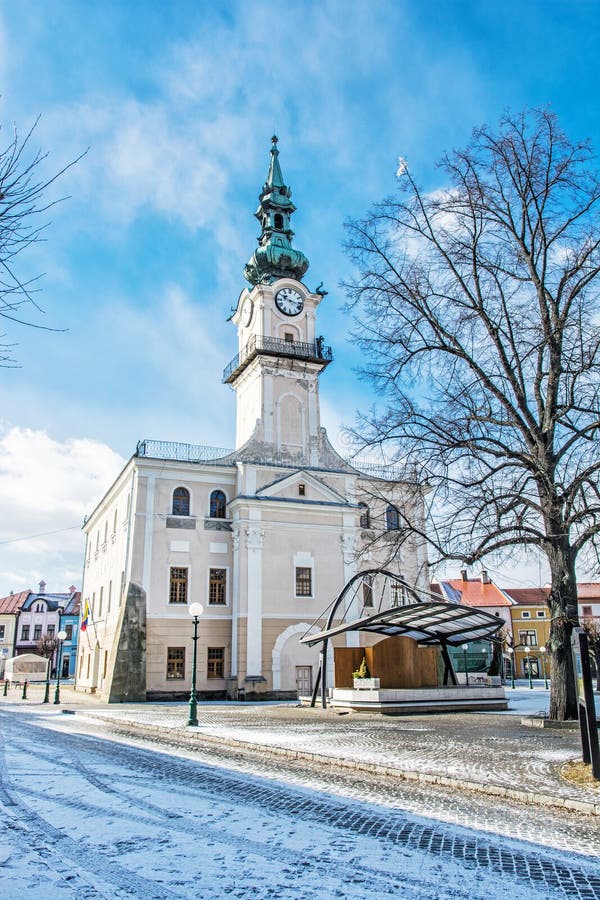 Historic town hall in main square, Kezmarok, Slovakia, winter sc