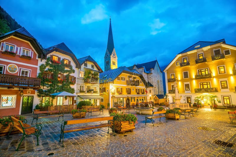 Historic town square of Hallstatt at night in the Austrian Alps