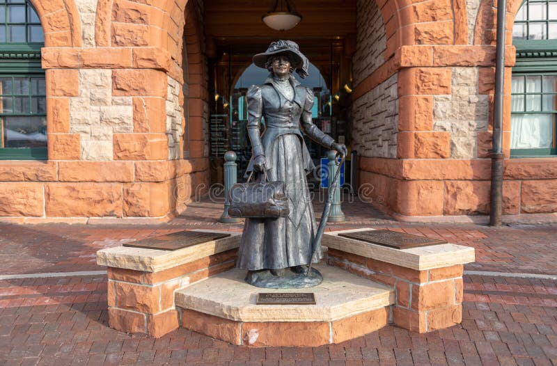 Historic Union Pacific Railroad train depot, a historic landmark, and it statue and boot adornments in Cheyenne, Wyoming