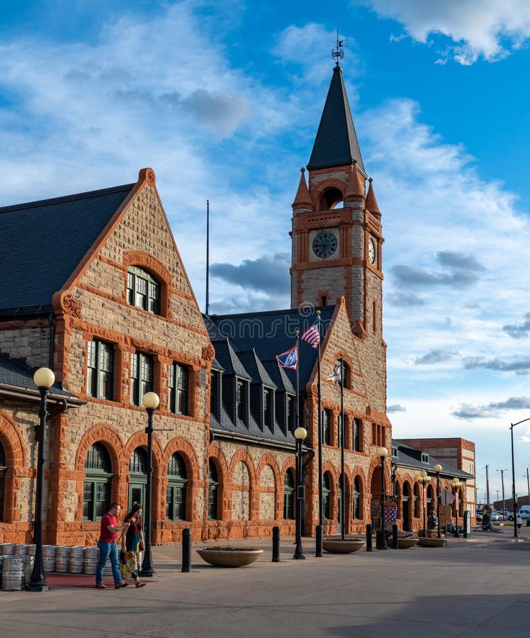 Historic Union Pacific Railroad train depot, a historic landmark, and it statue and boot adornments in Cheyenne, Wyoming