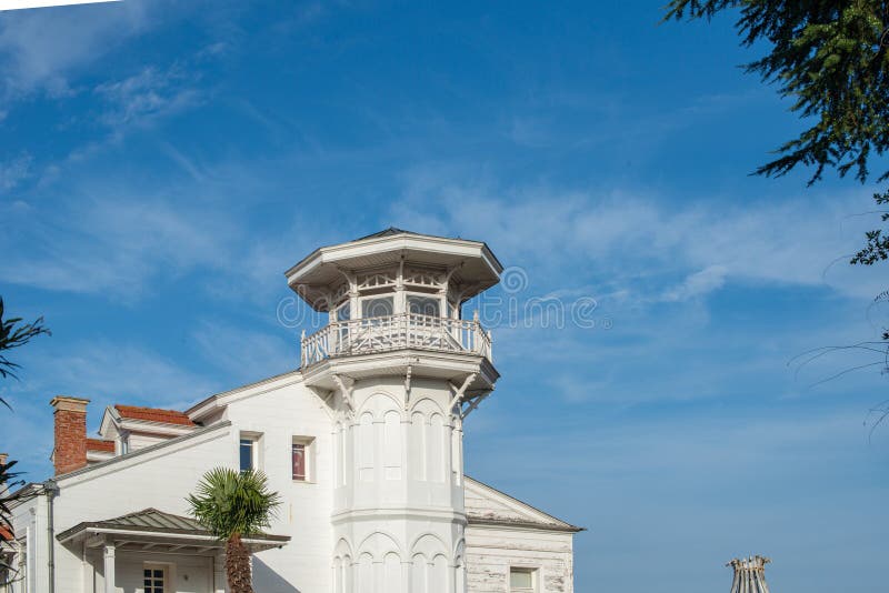 Historic White Mansion with Elegant Observation Tower royalty free stock images