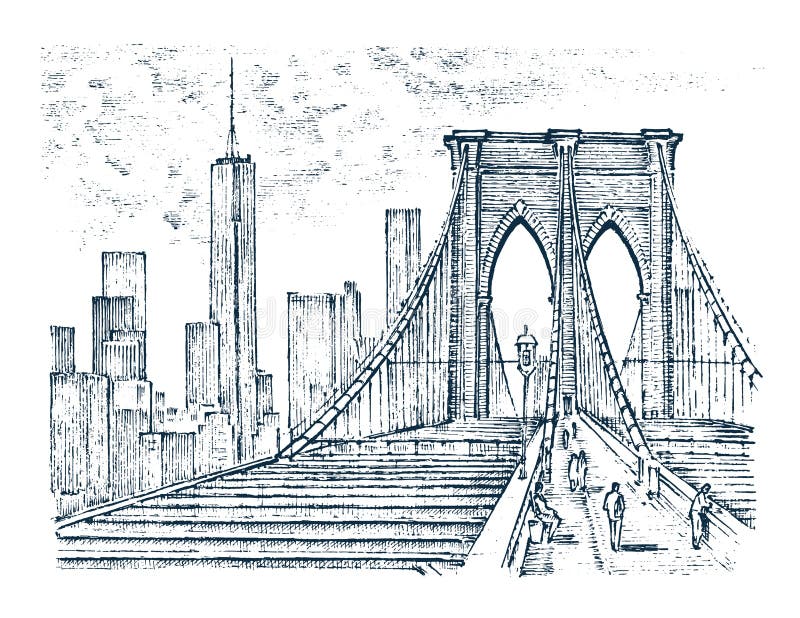 Historical architecture with buildings, perspective view. Vintage Landscape. Brooklyn Bridge, New York. Engraved hand