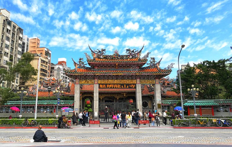 The historical building, the Mengjia Longshan Temple, is a Chinese folk religious temple in Wanhua district, Taipei. Itâ€™s a royalty free stock photos