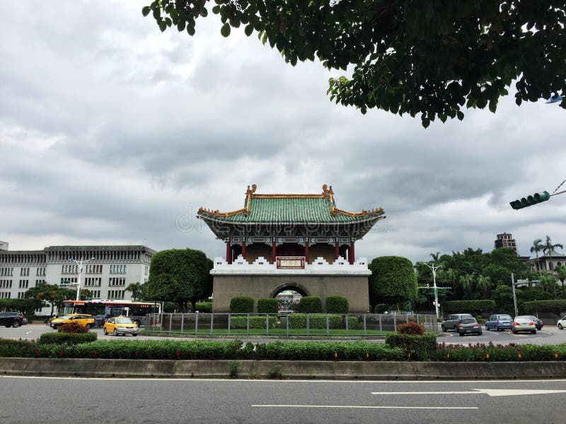 The historical building, view of Jingfu Men, surrounded by the steel fence stock photography