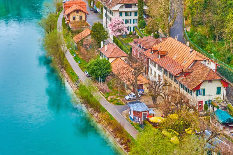 Historical buildings on the riverside of Aare river on Altenberg district in Bern, Switzerland stock image