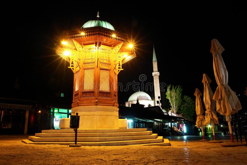 Historical fountain in Bascarsija in Sarajevo, the capital city of Bosnia and Herzegovina - Night scene. Historical fountain in Bascarsija in Sarajevo, the capital city of Bosnia and Herzegovina - Night scene