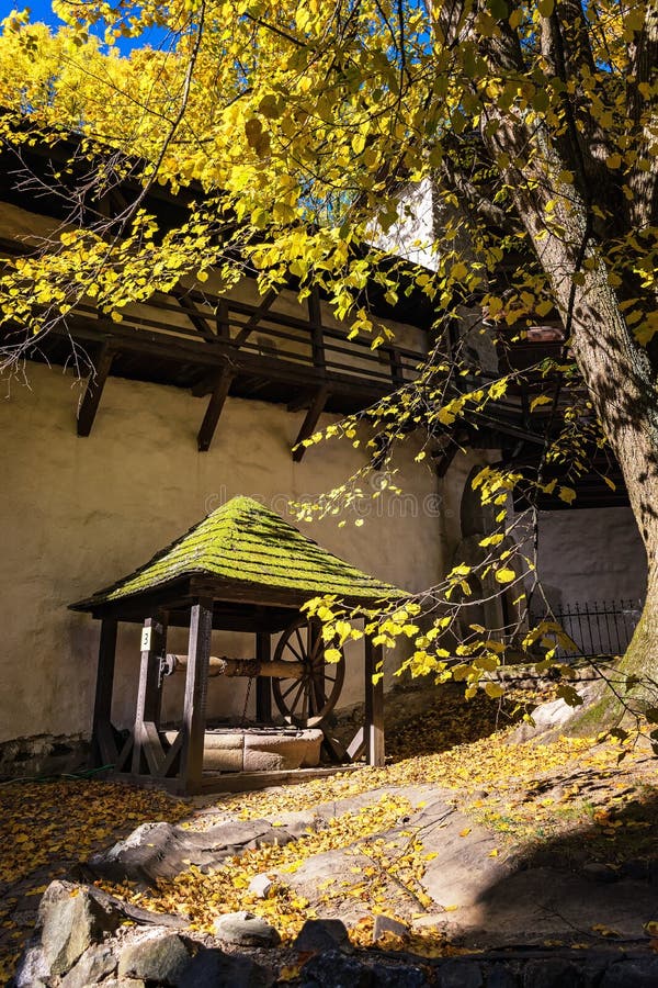 Historical well under tree in old castle in Banska Stiavnica, Slovakia, UNESCO