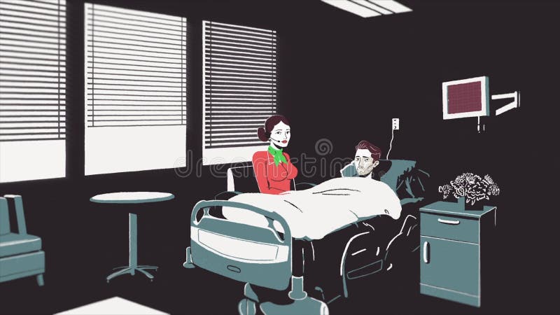 Historieta animada con un hombre agonizante que miente en una cama en el hospital y una mujer que se sienta por otra parte Parada
