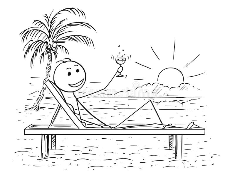 Historieta conceptual del hombre acertado que se relaja en la playa