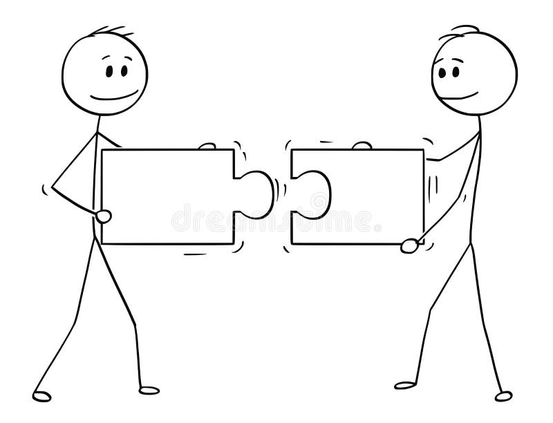 Historieta de dos hombres de negocios que llevan a cabo y que conectan pedazos a juego de rompecabezas ilustración del vector