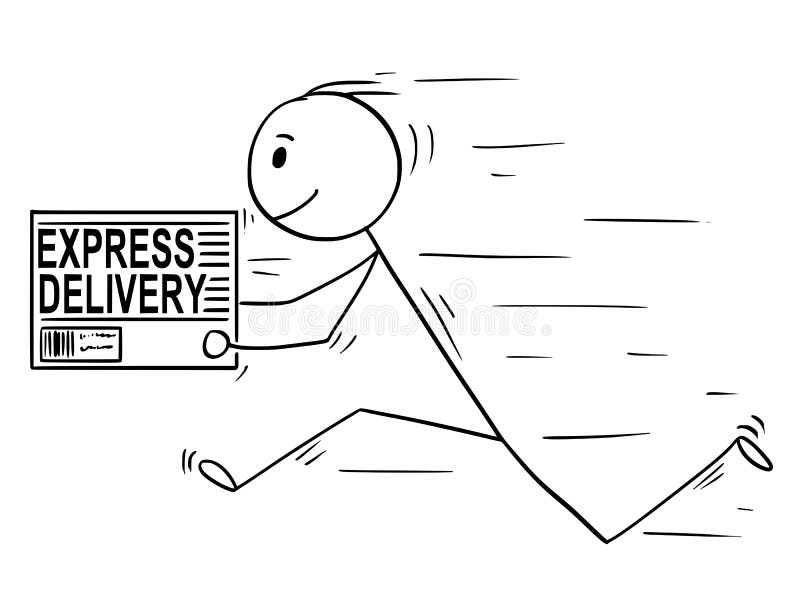 Historieta de la caja de la entrega del hombre o de Running With Express del hombre de negocios ilustración del vector Historieta de la caja de la entrega del hombre o de Running With Express del hombre de negocios ilustración del vector