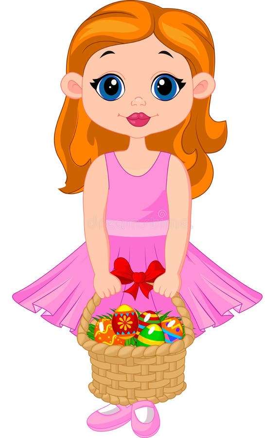 Historieta de la niña con la cesta llena de huevos de Pascua coloridos stock de ilustración