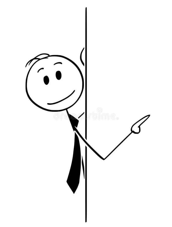 Cartoon stick man drawing conceptual illustration of businessman peeping from behind wall and pointing. Usable as empty sign. Cartoon stick man drawing conceptual illustration of businessman peeping from behind wall and pointing. Usable as empty sign.