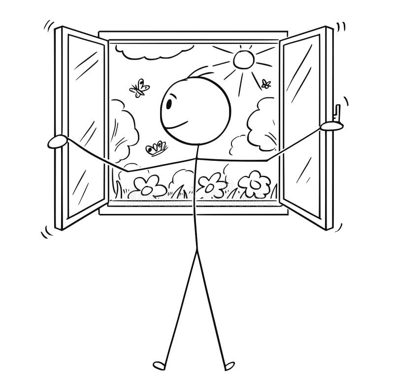 Historieta de la ventana de abertura del hombre a cultivar un huerto o de la naturaleza libre illustration