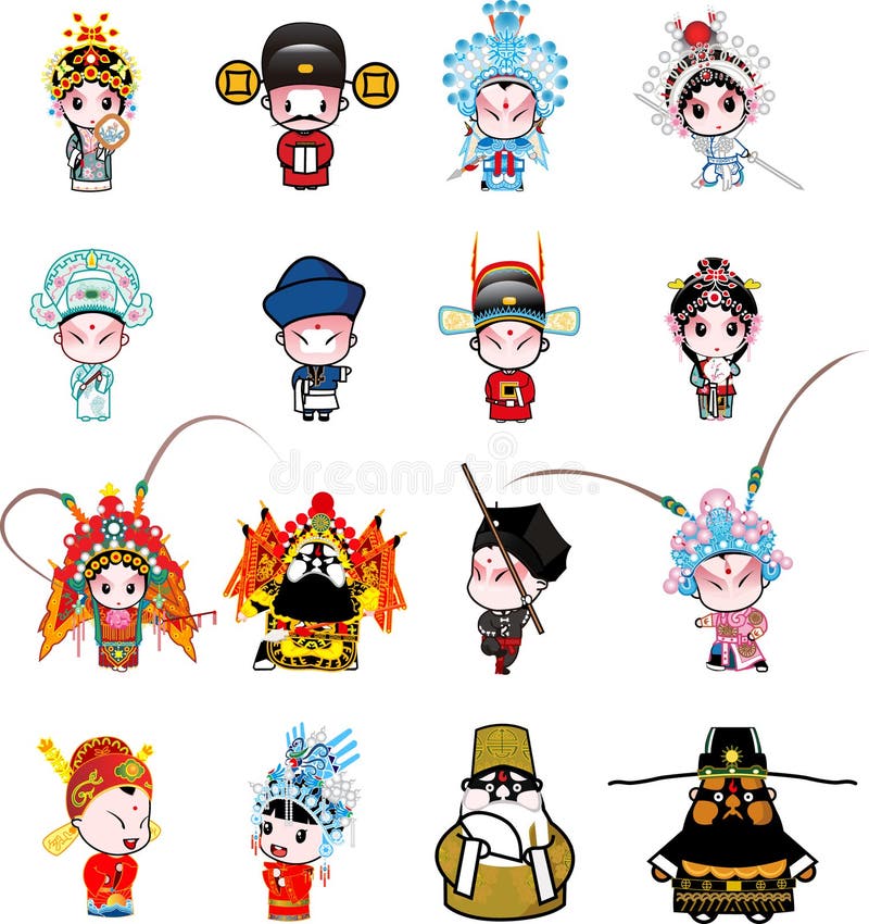 A cartoon of many beijing opera characters. A cartoon of many beijing opera characters