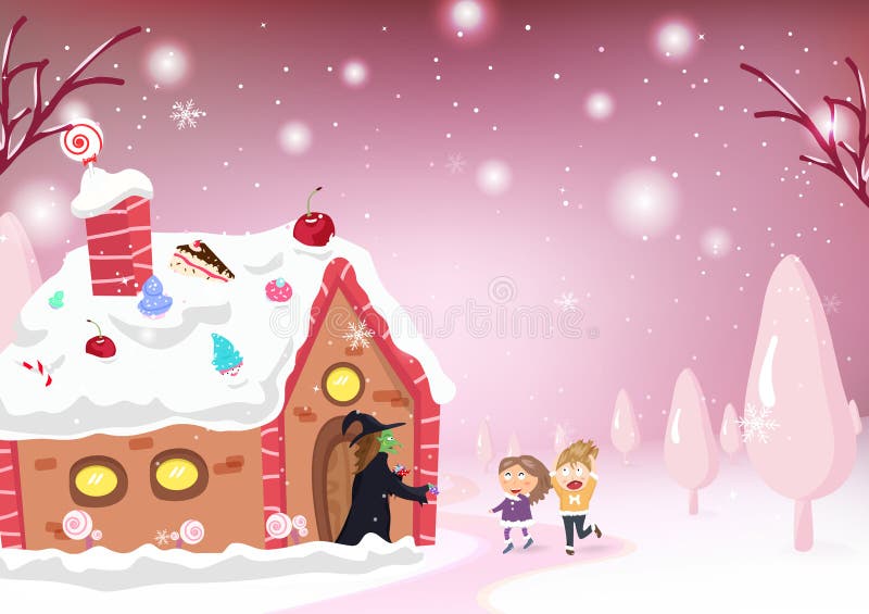 Historieta de los niños e historia de la fantasía, casa del caramelo, bruja, Hansel y g ilustración del vector Historieta de los niños e historia de la fantasía, casa del caramelo, bruja, Hansel y g ilustración del vector