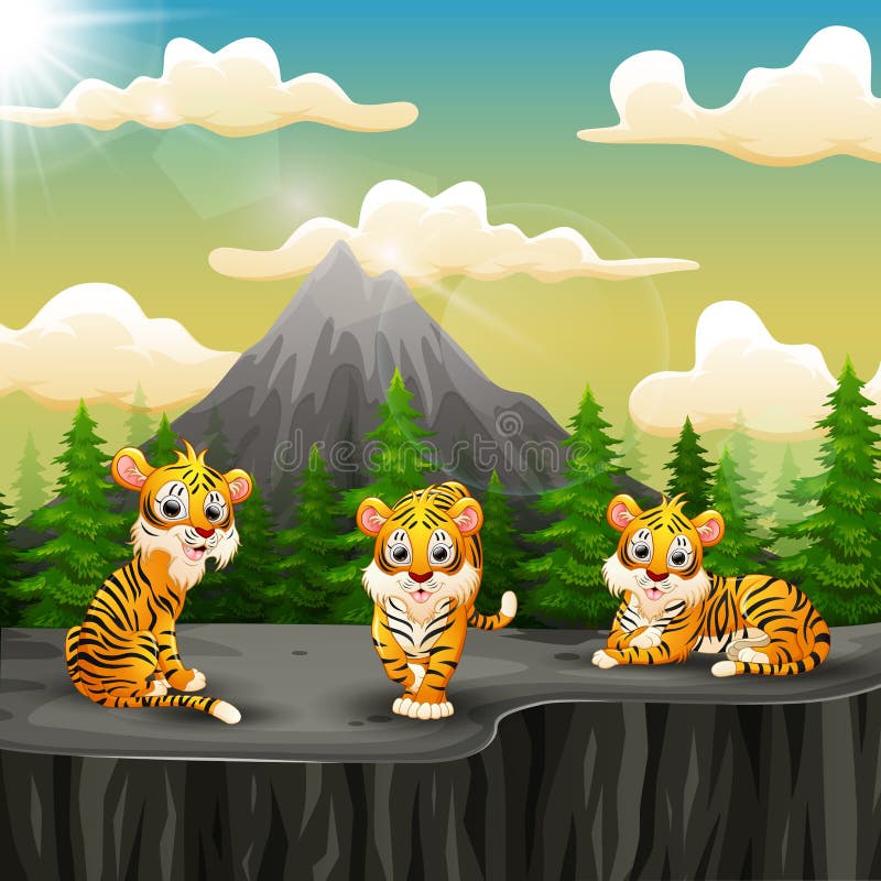 Historieta del grupo del tigre que goza en la montaña de un acantilado stock de ilustración