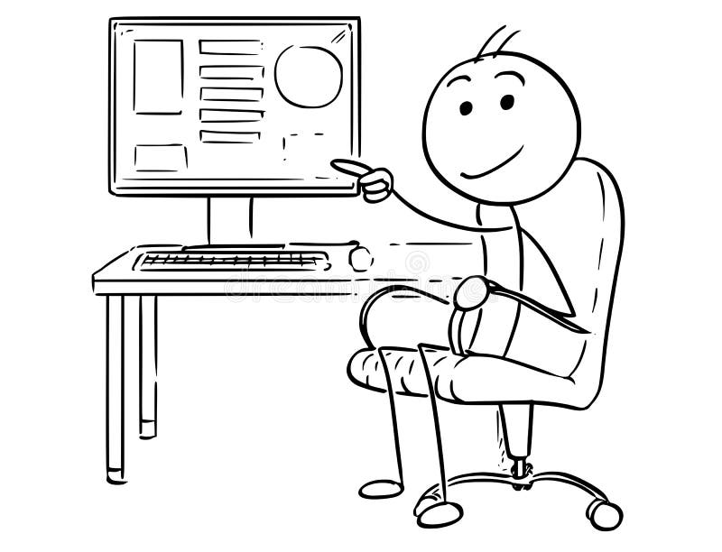 Historieta del hombre de negocios Pointing en la pantalla de ordenador stock de ilustración