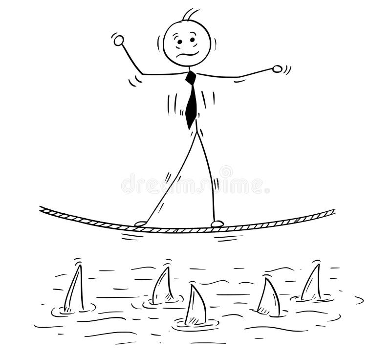 Historieta del hombre de negocios que camina en cuerda de la cuerda tirante stock de ilustración