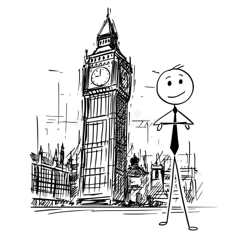 Historieta del hombre de negocios Standing delante de Ben Clock Tower grande en Londres, Inglaterra libre illustration Historieta del hombre de negocios Standing delante de Ben Clock Tower grande en Londres, Inglaterra libre illustration