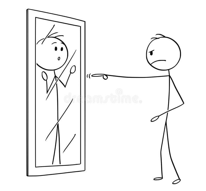 Historieta del hombre enojado que se culpa en espejo ilustración del vector