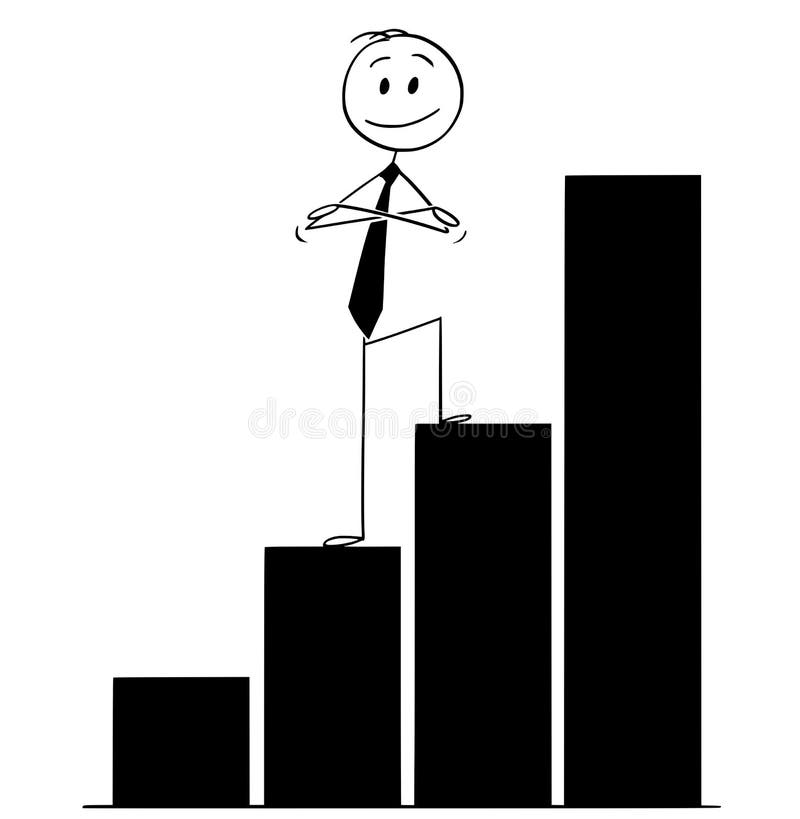 Historieta del hombre o del hombre de negocios confiado Standing en carta cada vez mayor con los brazos cruzados stock de ilustración Historieta del hombre o del hombre de negocios confiado Standing en carta cada vez mayor con los brazos cruzados stock de ilustración
