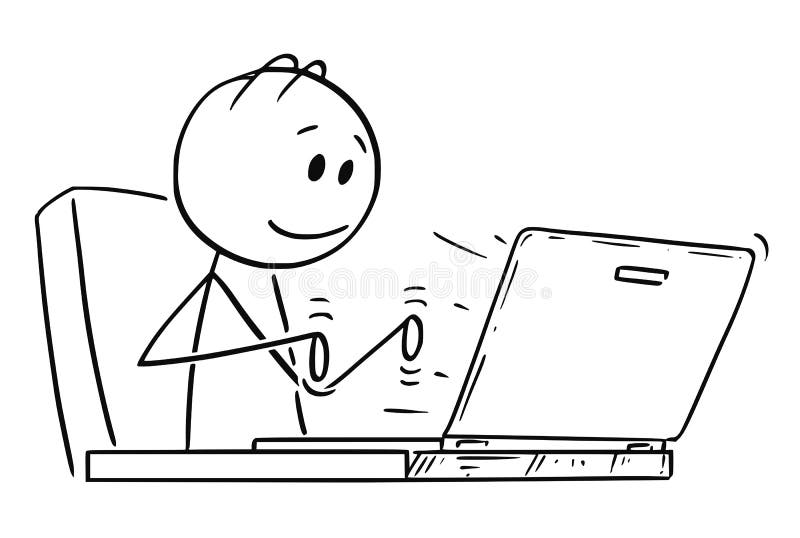 Historieta del hombre o del hombre de negocios sonriente Working o el mecanografiar en el ordenador portátil o el ordenador portá stock de ilustración