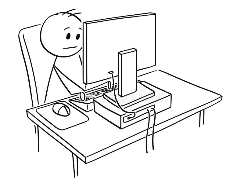Historieta del hombre o del hombre de negocios Working en el equipo de escritorio libre illustration