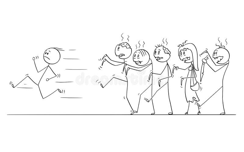 Historieta del hombre que corre lejos de la muchedumbre de zombis de los Undead stock de ilustración