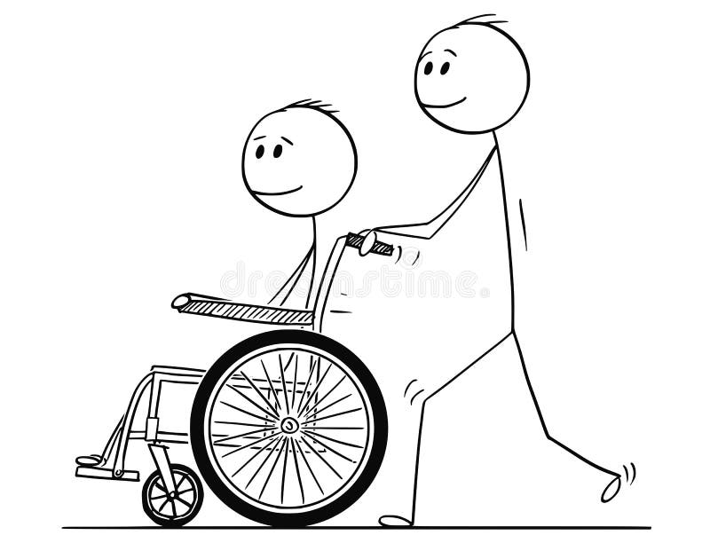 Historieta del hombre que empuja una silla de ruedas con el hombre discapacitado libre illustration