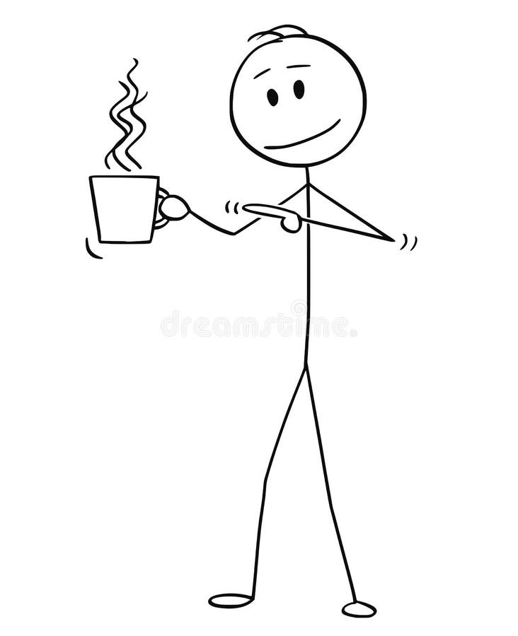 Historieta del hombre que se sostiene y que señala en la taza de bebida, de café o de té caliente libre illustration