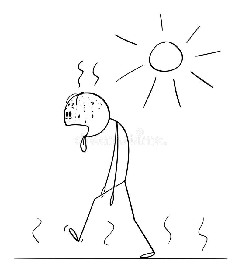 Historieta del vector del hombre agotado sediento del hombre que camina en verano o Sunny Day ilustración del vector