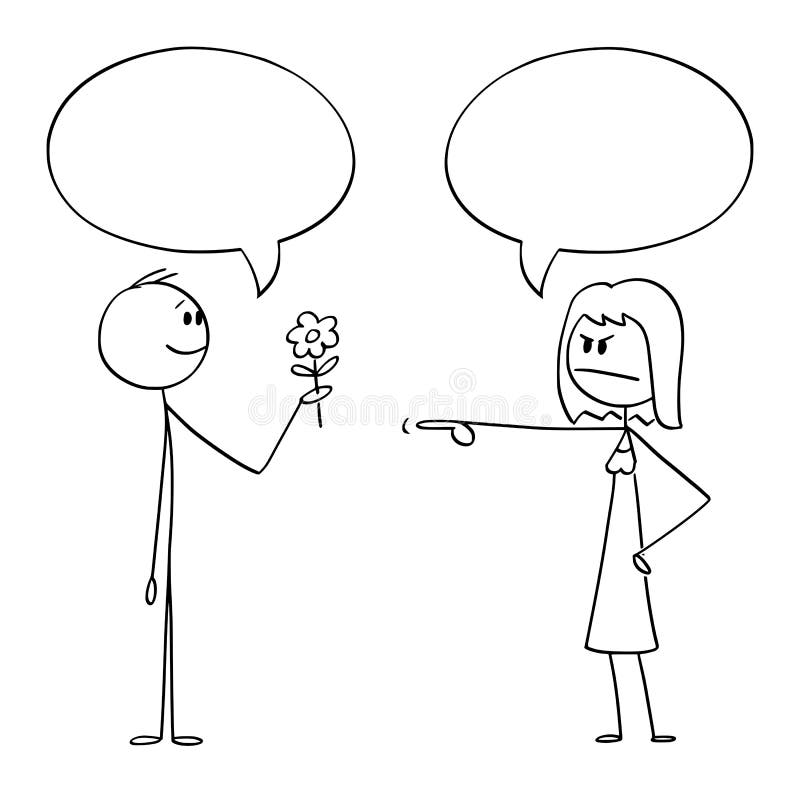 Historieta del vector del hombre romántico que sostiene las flores y que las da a la mujer enojada Ambos tienen la burbuja o glob libre illustration Historieta del vector del hombre romántico que sostiene las flores y que las da a la mujer enojada Ambos tienen la burbuja o glob libre illustration