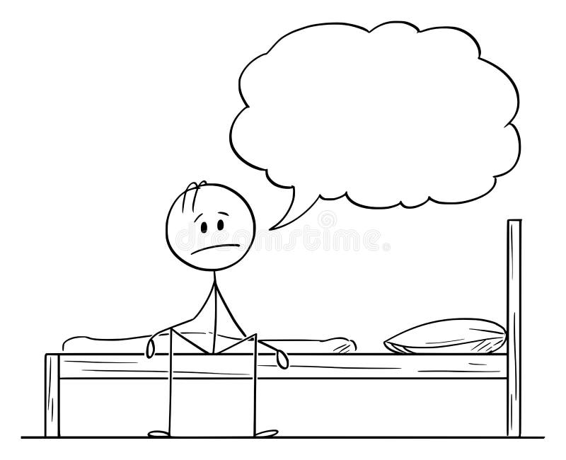 Historieta del vector del hombre triste o frustrado o deprimido que se sienta en cama y que dice algo libre illustration