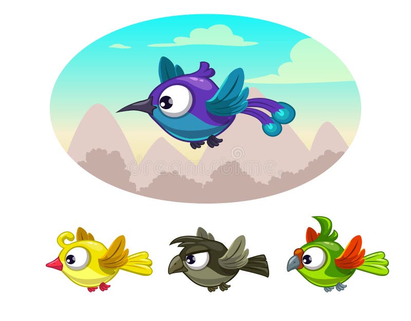 Historieta divertida que vuela diversos pájaros stock de ilustración Historieta divertida que vuela diversos pájaros stock de ilustración