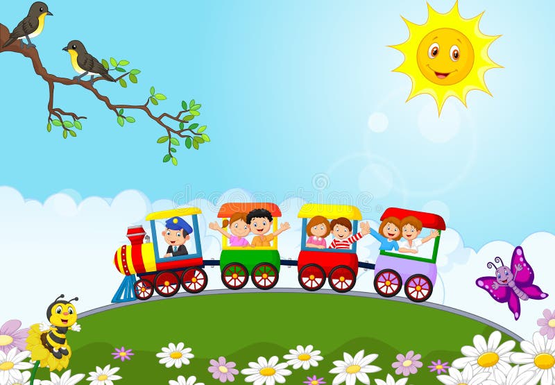 Historieta feliz de los niños en un tren colorido